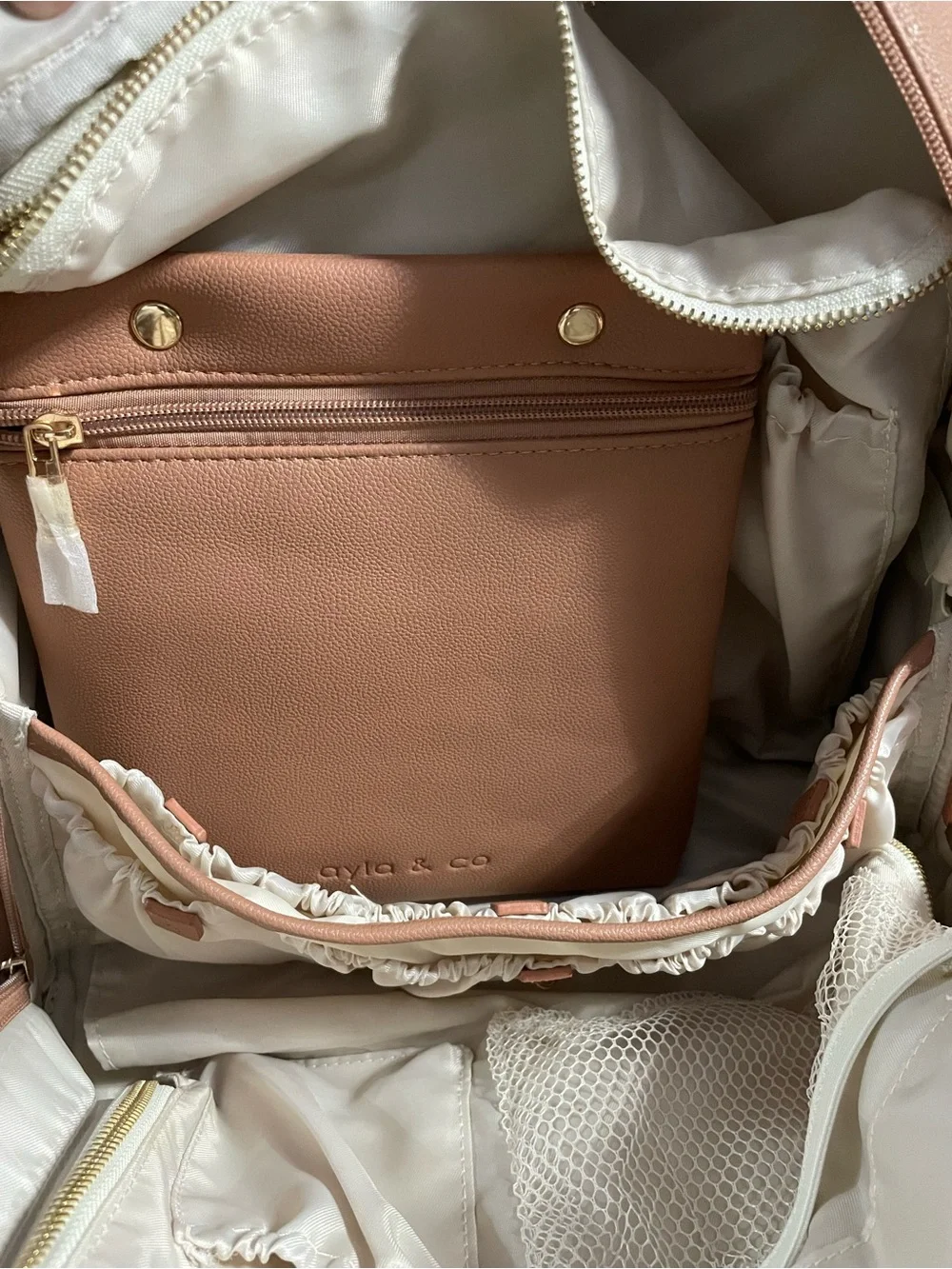 Ayla & Co tan Baby Bag Backpack - Convertible Diaper Tote